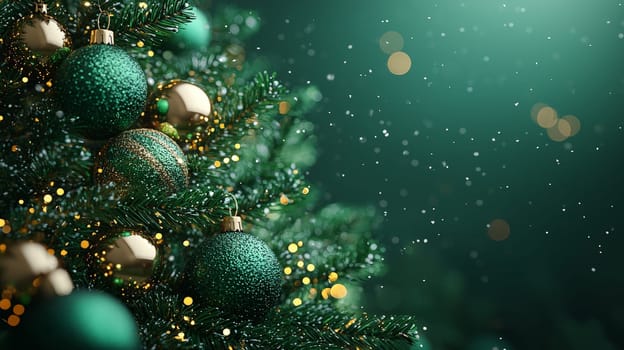 A detailed 3D graphic of a Christmas tree decorated with bright green ornaments, set against a rich green background. This monochromatic holiday scene highlights the harmony of natural and festive shades, perfect for celebrating the season.