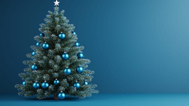 A stunning 3D-rendered Christmas tree adorned with vivid blue ornaments, capturing the holiday essence with rich color and intricate detail. This festive scene highlights the elegance of bright blue decorations contrasting beautifully against lush green branches.