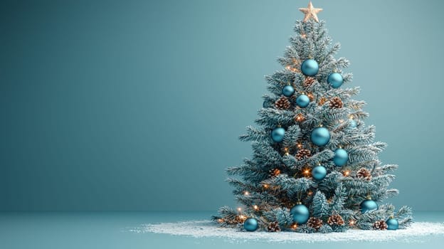 A stunning 3D-rendered Christmas tree adorned with vivid blue ornaments, capturing the holiday essence with rich color and intricate detail. This festive scene highlights the elegance of bright blue decorations contrasting beautifully against lush green branches.