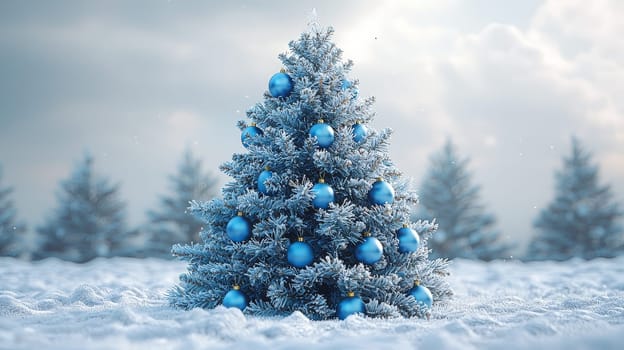 A stunning 3D-rendered Christmas tree adorned with vivid blue ornaments, capturing the holiday essence with rich color and intricate detail. This festive scene highlights the elegance of bright blue decorations contrasting beautifully against lush green branches.
