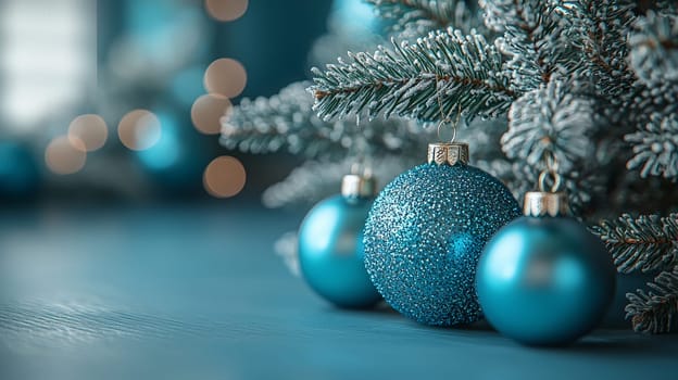 A stunning 3D-rendered Christmas tree adorned with vivid blue ornaments, capturing the holiday essence with rich color and intricate detail. This festive scene highlights the elegance of bright blue decorations contrasting beautifully against lush green branches.