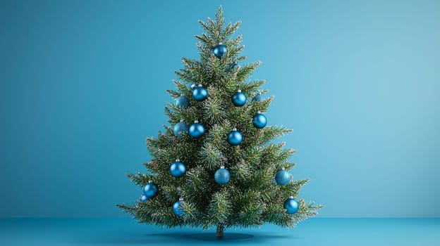 A stunning 3D-rendered Christmas tree adorned with vivid blue ornaments, capturing the holiday essence with rich color and intricate detail. This festive scene highlights the elegance of bright blue decorations contrasting beautifully against lush green branches.