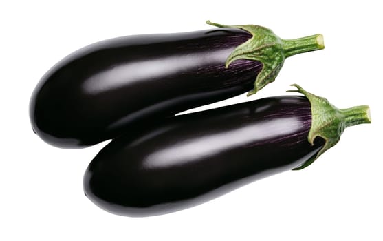 A pair of sleek white eggplants with vivid green stems, displayed on a dark surface for contrast. Isolated on white background.