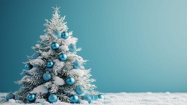 A stunning 3D-rendered Christmas tree adorned with vivid blue ornaments, capturing the holiday essence with rich color and intricate detail. This festive scene highlights the elegance of bright blue decorations contrasting beautifully against lush green branches.