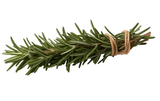 A tied bunch of fresh rosemary sprigs, known for its aromatic and flavorful qualities in cooking. Isolated on white background.