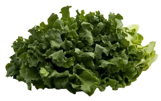 A pile of crisp curly kale leaves, showcasing their rich green color and health benefits. Isolated on white background.