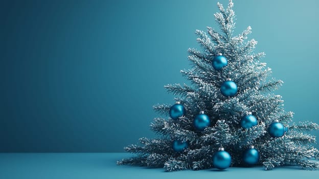 A stunning 3D-rendered Christmas tree adorned with vivid blue ornaments, capturing the holiday essence with rich color and intricate detail. This festive scene highlights the elegance of bright blue decorations contrasting beautifully against lush green branches.