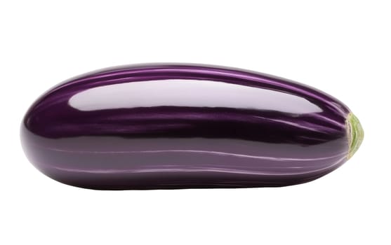 A shiny purple eggplant displayed on a white background, emphasizing its smooth texture and deep color. Isolated on white background.