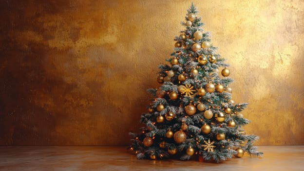 A stunning 3D graphic of a Christmas tree adorned with radiant gold ornaments, set against a rich gold background. This luxurious and festive scene captures the spirit of the holiday season in warm, golden tones.