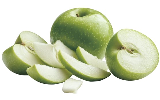 Sliced green apples arranged on a white background, showcasing their fresh and juicy texture. Isolated on white background.