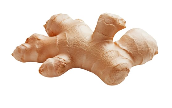 A whole ginger root displayed on a white background, highlighting its unique shape and texture. Isolated on white background.