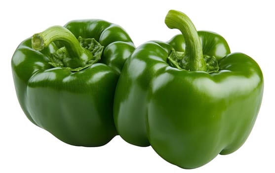 Close up of two fresh green bell peppers, emphasizing their glossy surface and rich color. Isolated on white background.