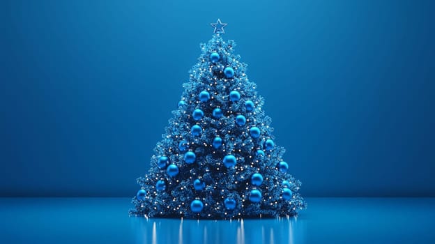 A stunning 3D-rendered Christmas tree adorned with vivid blue ornaments, capturing the holiday essence with rich color and intricate detail. This festive scene highlights the elegance of bright blue decorations contrasting beautifully against lush green branches.