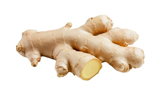 Close up of a fresh ginger root with a cut section, showcasing its texture and vibrant color. Isolated on white background.
