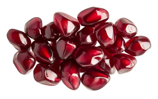 A close up of glossy pomegranate seeds, showcasing their vibrant red color and juicy texture. Isolated on white background.