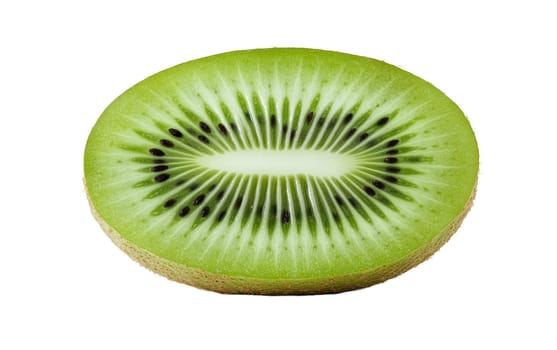 A vibrant slice of kiwi fruit, showcasing its bright green color and juicy texture. Isolated on white background.