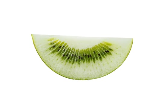 A fresh half slice of kiwi, perfect for a healthy snack or fruit salad. Isolated on white background.