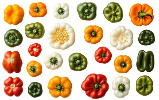 A variety of colorful bell peppers arranged in a top down view, showcasing their vibrant hues and fresh appeal. Isolated on white background.