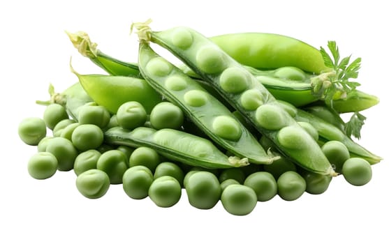 A pile of fresh green peas in and out of the pod, showcasing their natural and nutritious appeal. Isolated on white background.