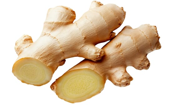 Fresh ginger roots with a light brown skin and sliced to show their fibrous interior, ready for cooking. Isolated on white background.
