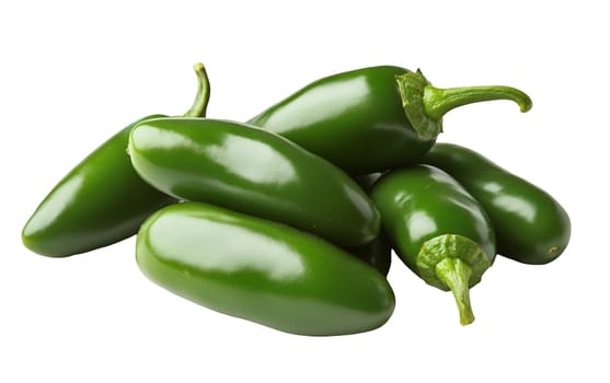 Cluster of shiny green jalapeno peppers, highlighting their vibrant color and smooth surface. Isolated on white background.