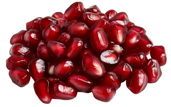 A close up of glossy pomegranate seeds, showcasing their rich red color and juicy texture. Isolated on white background.