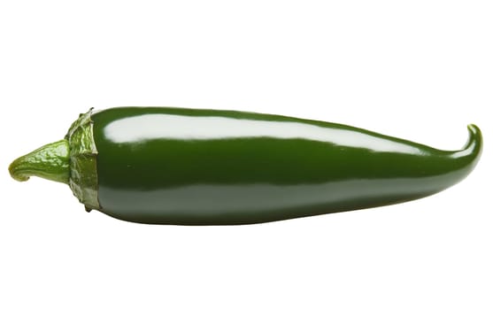 A fresh green jalapeno pepper isolated on a white background, showcasing its shiny texture and spicy potential. Isolated on white background.