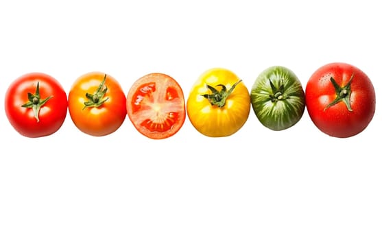 A variety of tomatoes in different colors, showcasing diversity in fresh produce. Isolated on white background.