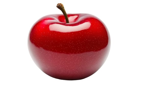 Closeup of a shiny red apple highlighting its glossy surface and deep red color. Isolated on white background.