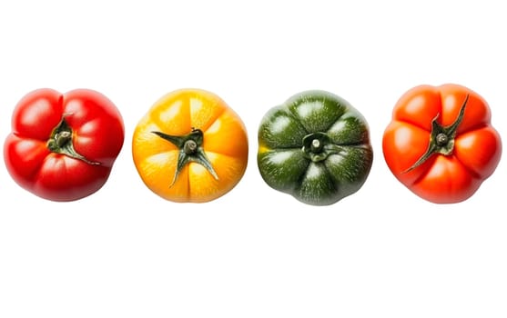 A selection of heirloom tomatoes in red, yellow, green, and orange, perfect for culinary themes. Isolated on white background.