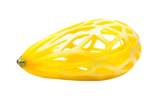 A hollow yellow fruit shell with a lattice design on a white background, offering an artistic element with copy space. Isolated on white background.