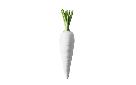 A fresh white daikon radish isolated on a white background, showcasing its crisp texture and vibrant green tops. Isolated on white background.