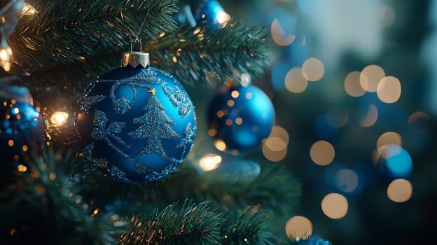 A stunning 3D-rendered Christmas tree adorned with vivid blue ornaments, capturing the holiday essence with rich color and intricate detail. This festive scene highlights the elegance of bright blue decorations contrasting beautifully against lush green branches.