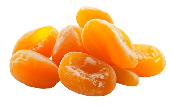 A heap of dried apricots with a rich golden hue, perfect for snacking or baking. Isolated on white background.