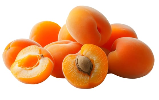 A collection of juicy apricots, some halved to reveal the vibrant orange flesh and seed inside. Isolated on white background.
