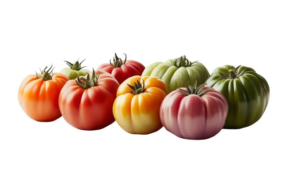 An array of tomatoes in various colors and shapes, showcasing the beauty of fresh produce. Isolated on white background.