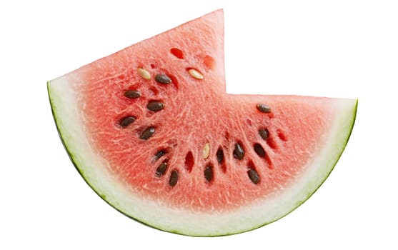 A watermelon wedge with visible seeds, displaying its vibrant red flesh and green rind against a white background. Isolated on white background.