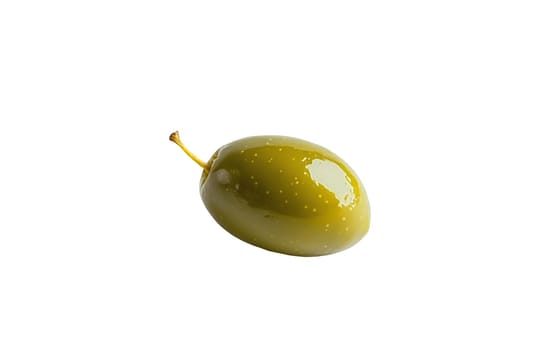 A single shiny green olive isolated on a white background, highlighting its smooth texture and natural sheen. Isolated on white background.