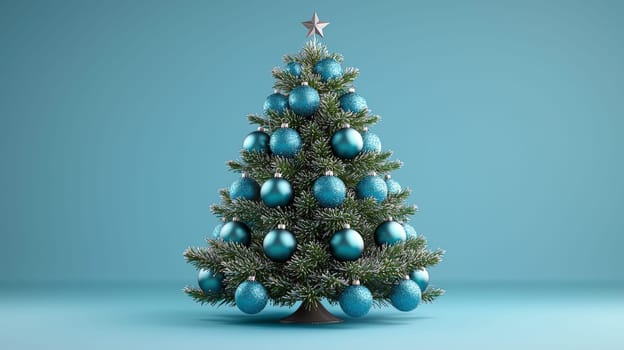 A stunning 3D-rendered Christmas tree adorned with vivid blue ornaments, capturing the holiday essence with rich color and intricate detail. This festive scene highlights the elegance of bright blue decorations contrasting beautifully against lush green branches.
