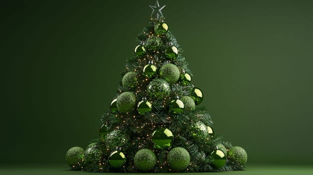 A detailed 3D graphic of a Christmas tree decorated with bright green ornaments, set against a rich green background. This monochromatic holiday scene highlights the harmony of natural and festive shades, perfect for celebrating the season.