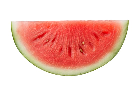 A half slice of watermelon showing its lush red flesh and green rind, set on a white background for contrast. Isolated on white background.
