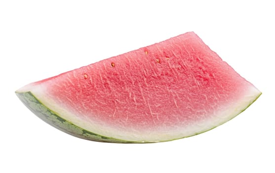 A fresh slice of watermelon highlighting its juicy red flesh and green rind, set against a white background. Isolated on white background.