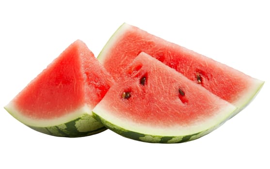 Two triangular slices of watermelon with red flesh and green rind, arranged artistically on a white background. Isolated on white background.