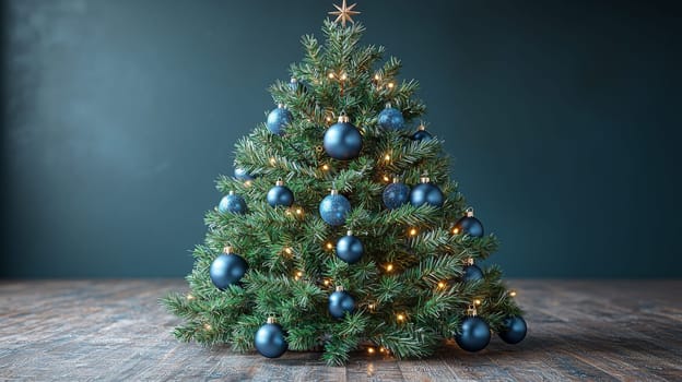 A stunning 3D-rendered Christmas tree adorned with vivid blue ornaments, capturing the holiday essence with rich color and intricate detail. This festive scene highlights the elegance of bright blue decorations contrasting beautifully against lush green branches.