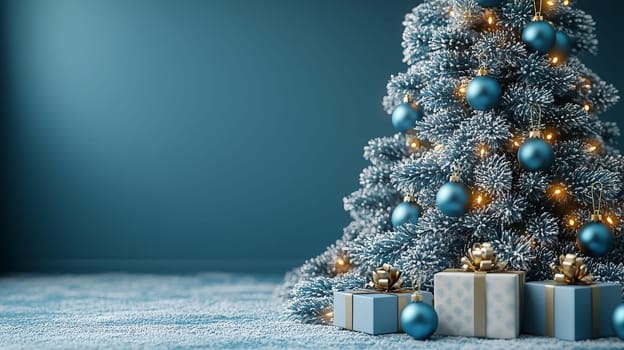 A stunning 3D-rendered Christmas tree adorned with vivid blue ornaments, capturing the holiday essence with rich color and intricate detail. This festive scene highlights the elegance of bright blue decorations contrasting beautifully against lush green branches.