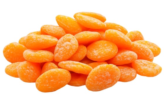 A pile of sugared dried apricots, each piece coated with a dusting of sugar for extra sweetness. Isolated on white background.
