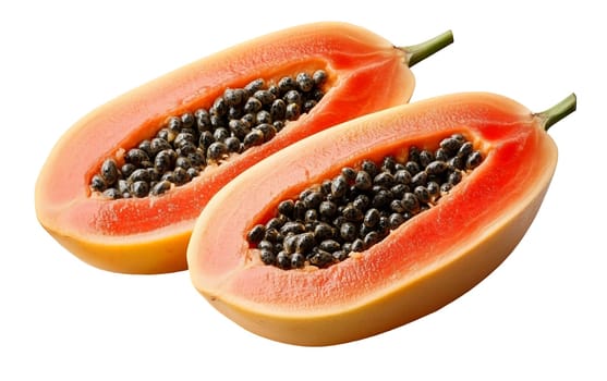 Two halves of a papaya with numerous white seeds, showcasing the vibrant orange flesh, set against a white background. Isolated on white background.