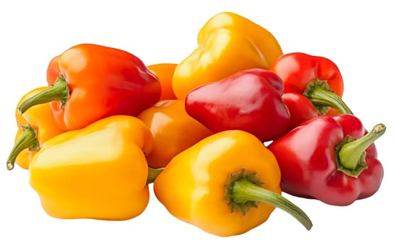 A colorful assortment of red and yellow bell peppers, highlighting their freshness and vibrancy. Isolated on white background.