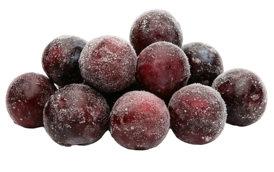 A pile of frosted red grapes, each berry encrusted with a delicate layer of frost, enhancing their freshness. Isolated on white background.