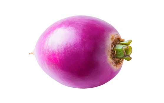 A whole purple turnip with a smooth, shiny surface and a green stem, isolated on a white backdrop. Isolated on white background.